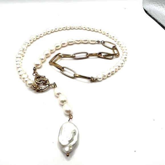 Pearl and Paperclip Chain Necklace Double Señorita Clasp GoldTone Long Lariat - Picture 13 of 15